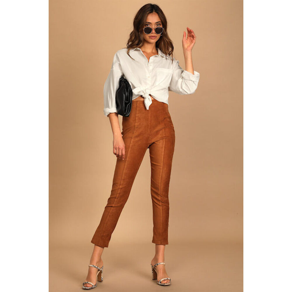 Lulus Dear Friends Camel Vegan Suede High Waisted Pants Brown - Size S
